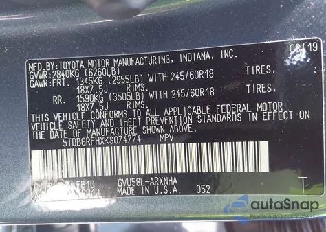 2019 Toyota Highlander Hybrid Le z USA, uszkodzony, nr VIN 5TDBGRFHXKS074774